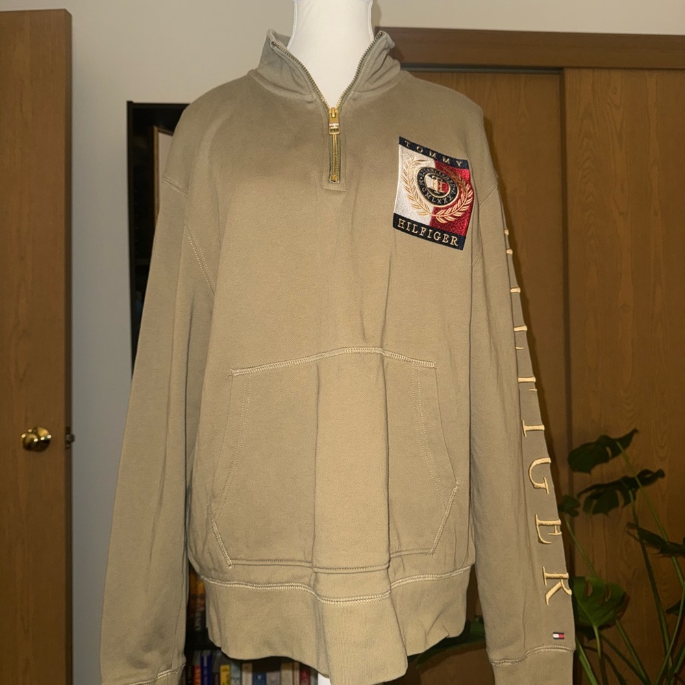 Tommy Hilfiger Men's Beige Mock Neck Half Zip-Up Sweater